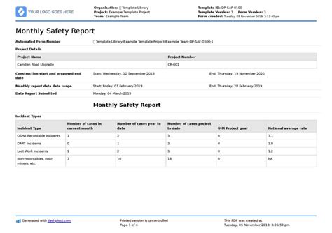 health and safety report template excel